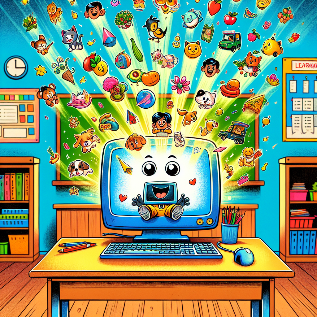 A friendly cartoon computer learning from thousands of examples — colourful Indian classroom