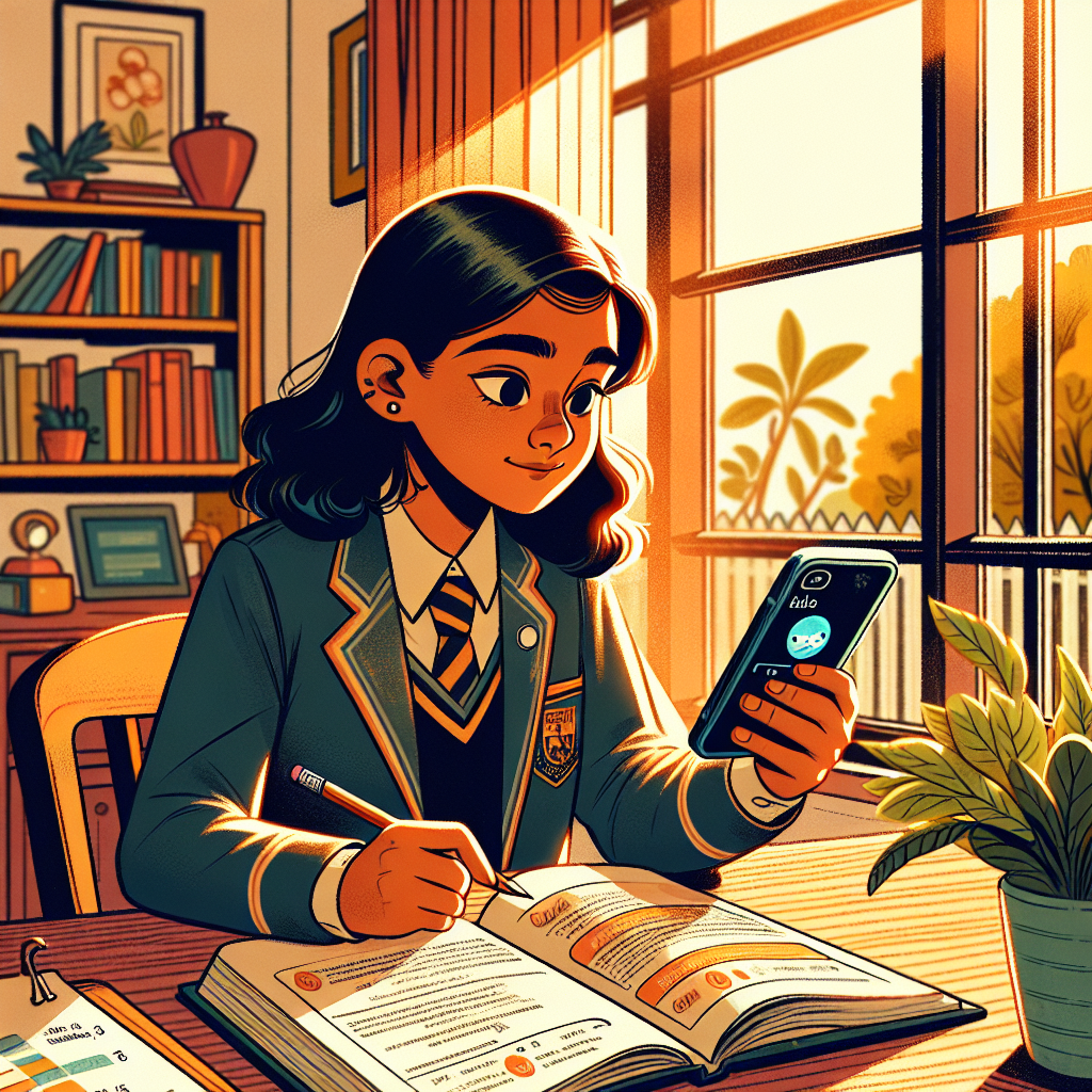 Indian girl student comparing AI answer on phone with science textbook