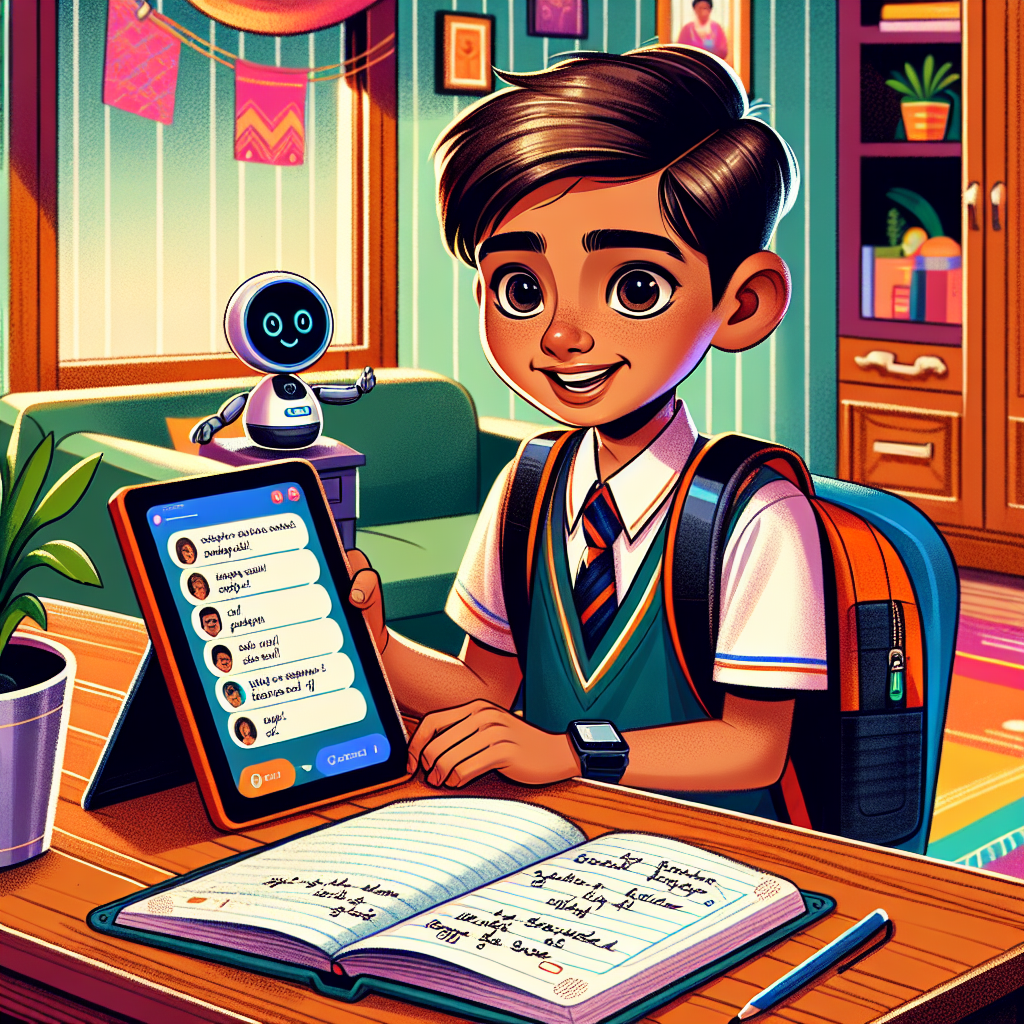 Indian boy student using AI on a tablet for science, notebook open beside him