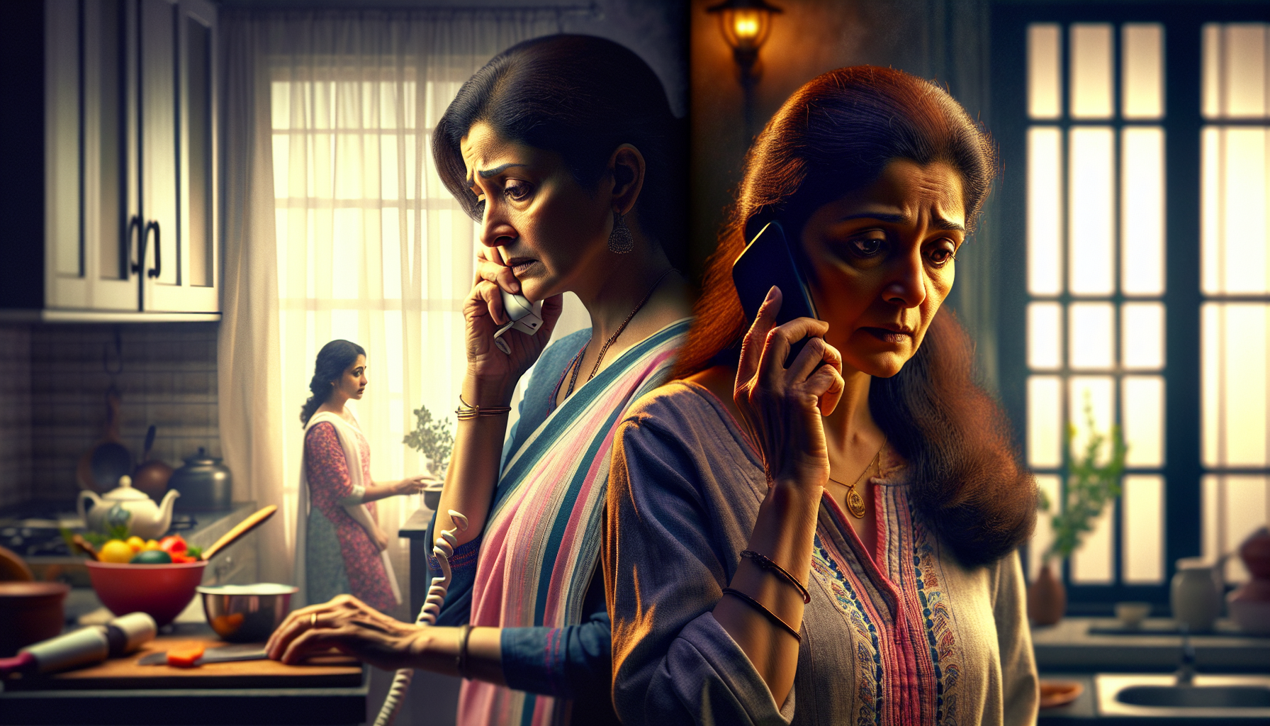 Padma on a suspicious phone call while her daughter is safe in the background