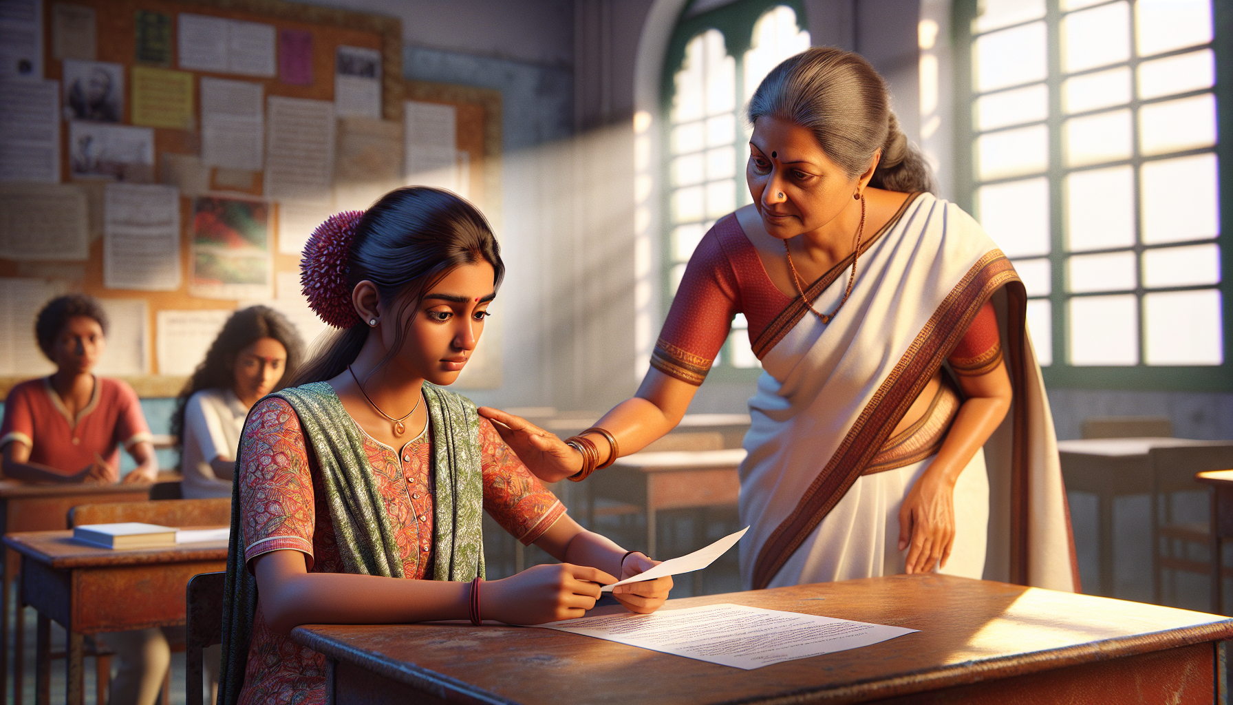 Meera in a mentoring conversation with her teacher about AI and academic integrity