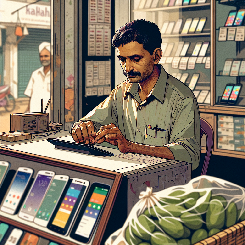 Ravi typing on his phone at the shop counter