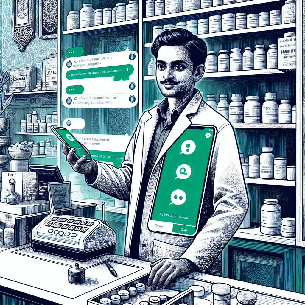 Suresh at his medical shop counter showing the AI-built FAQ chatbot page on his phone