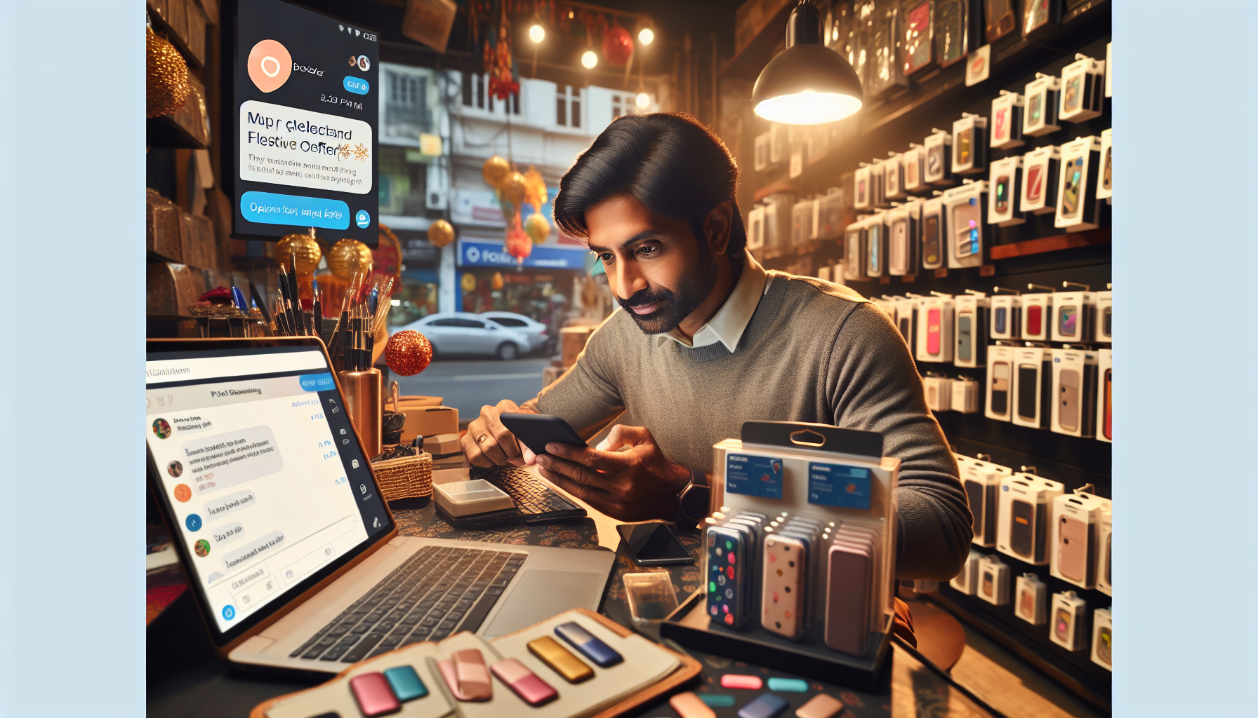 Ravi at his shop composing a WhatsApp promotional message with AI help