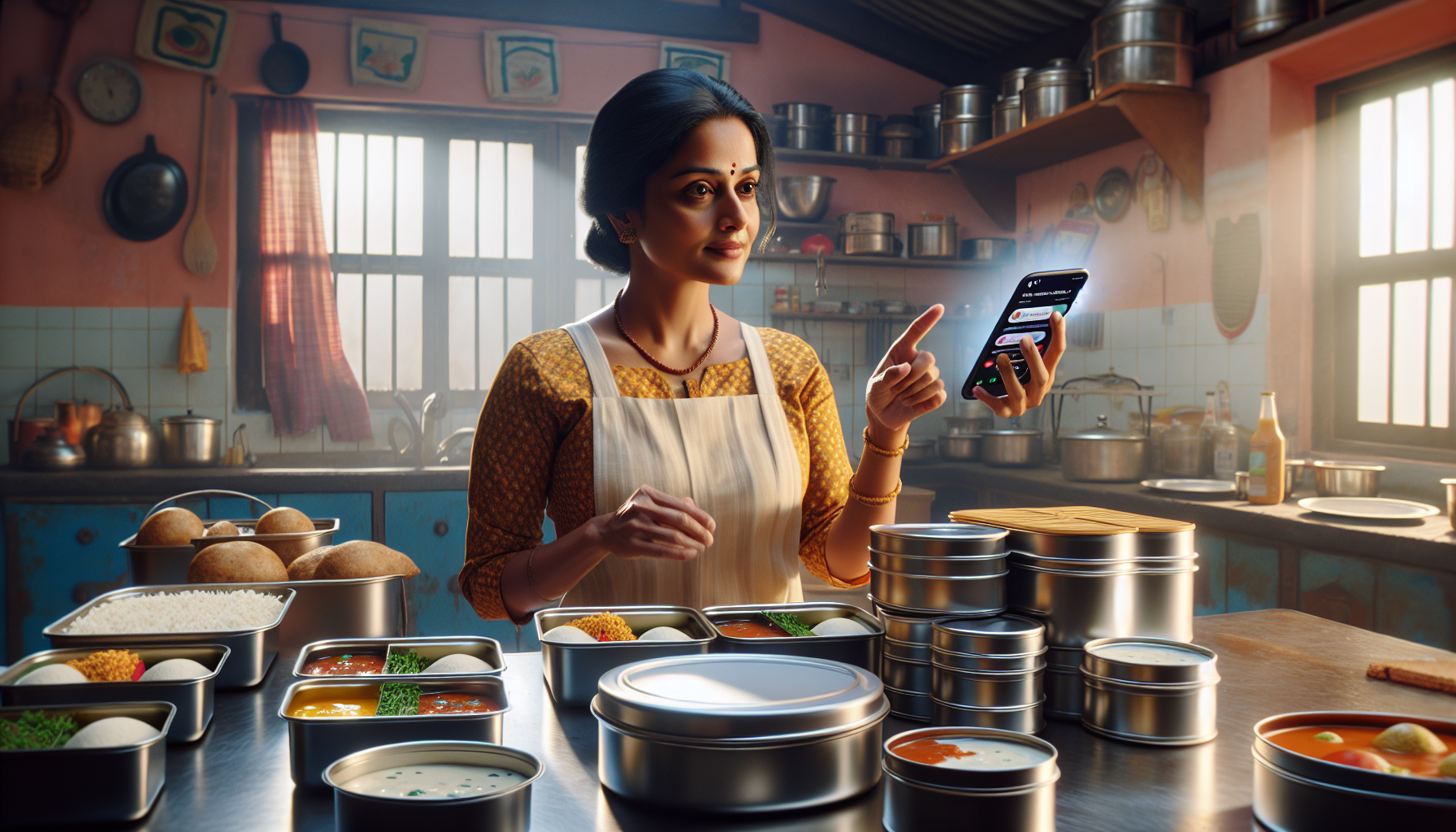 Meena packaging tiffin boxes while looking at AI-generated menu on her phone