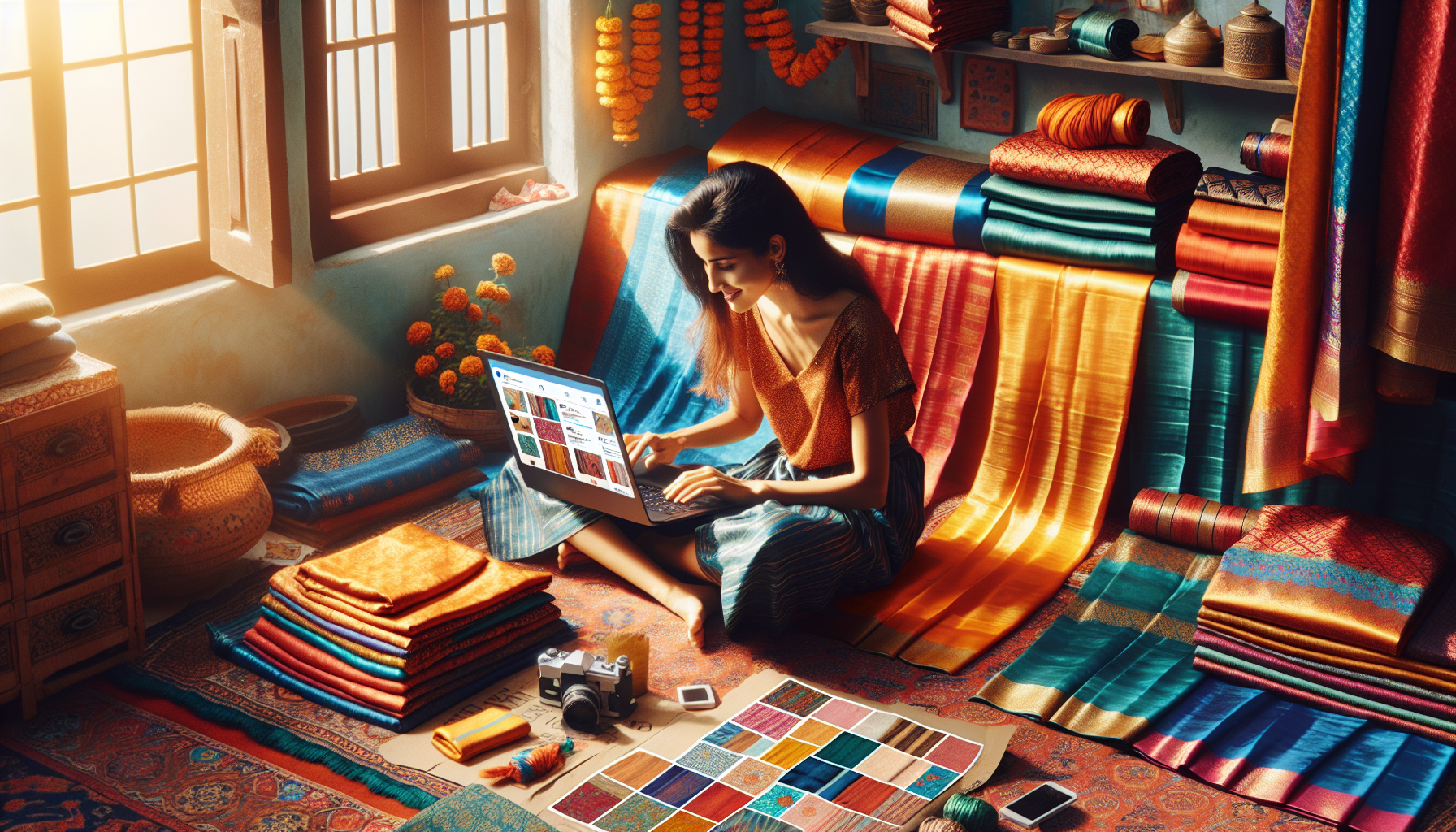 Divya creating Instagram captions for Pochampally silk sarees using AI