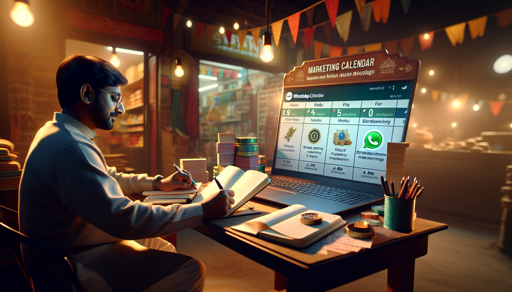 Ravi reviewing his AI-generated WhatsApp marketing calendar at his shop