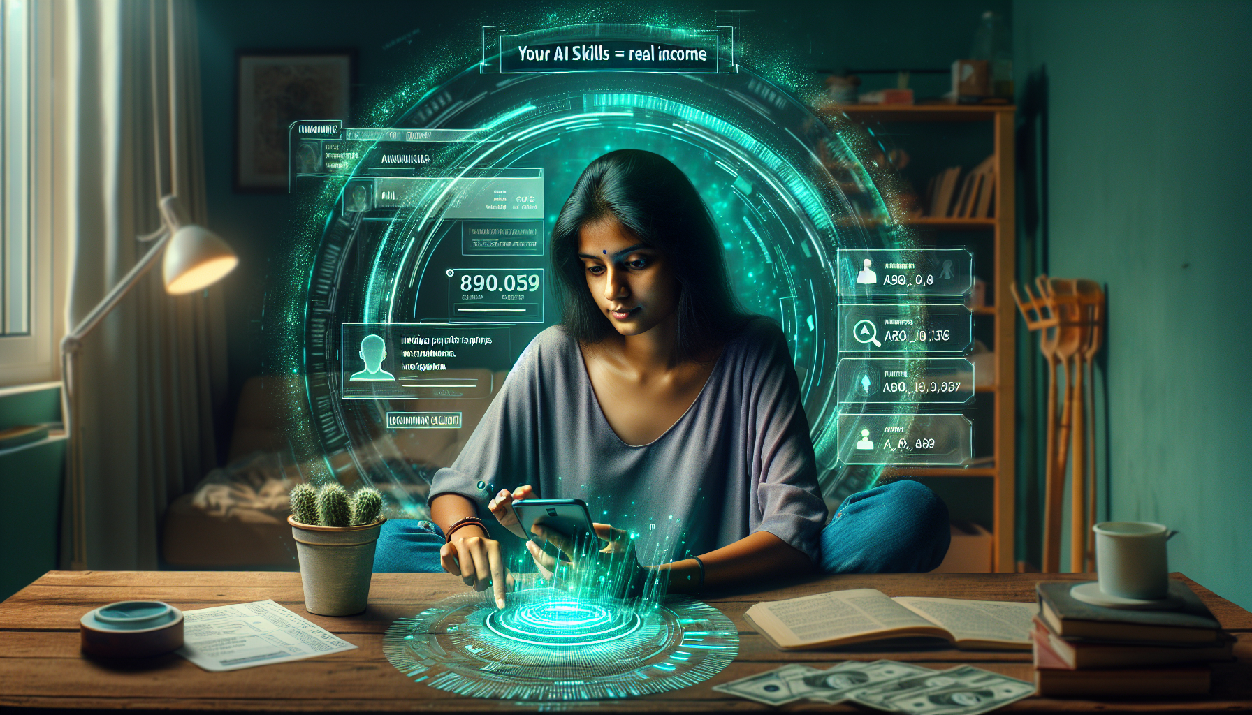 Kavya using AI to earn income from her phone at home