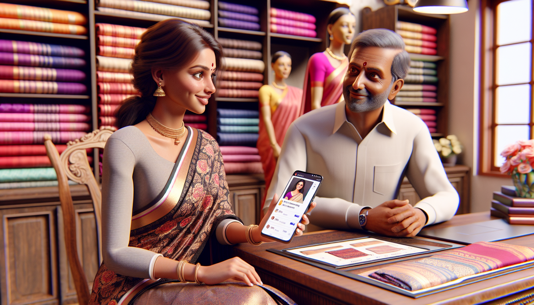 Kavya showing AI-generated product descriptions to a saree shop owner