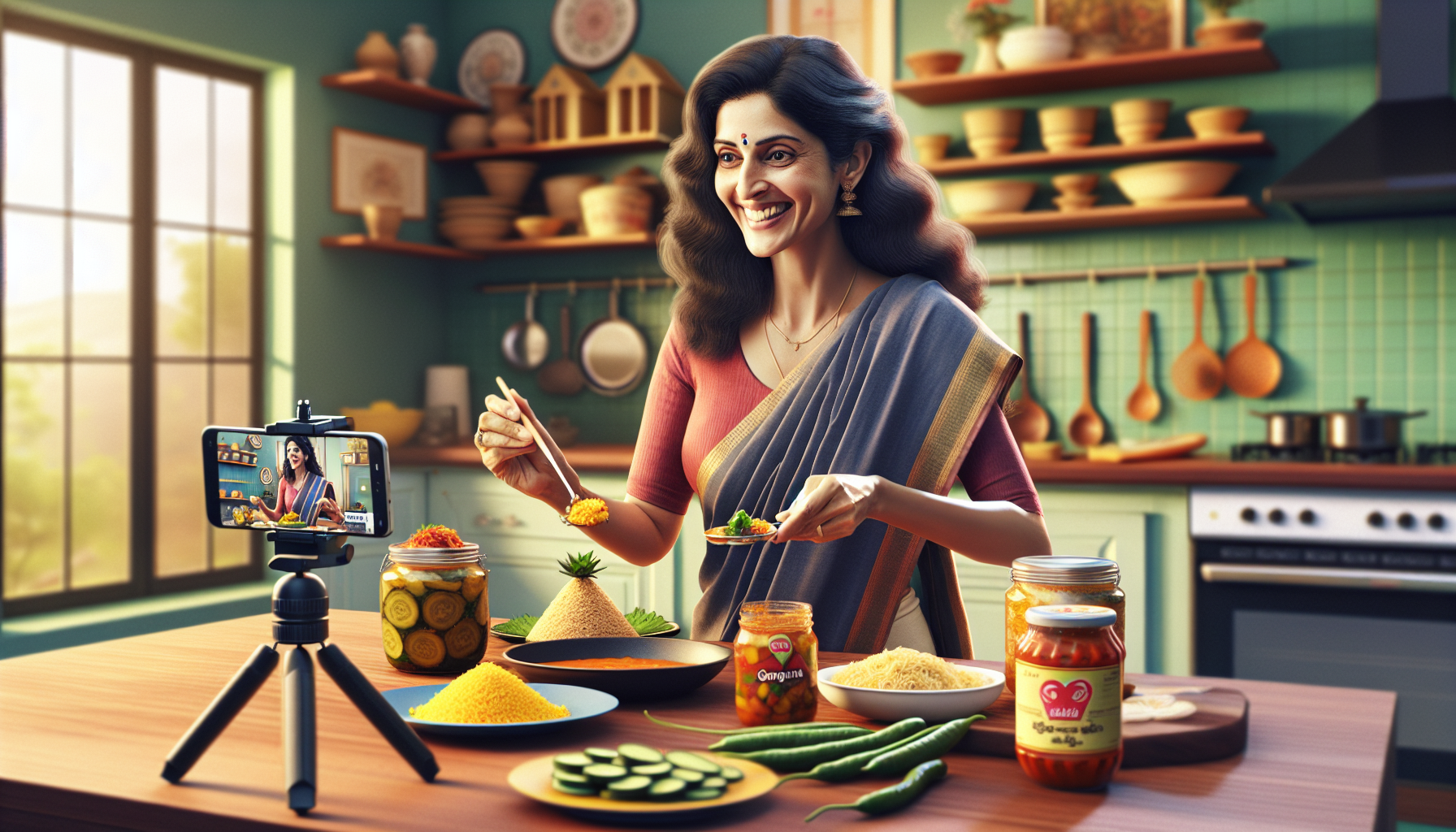 Padma recording a Telugu food video with AI script on her phone