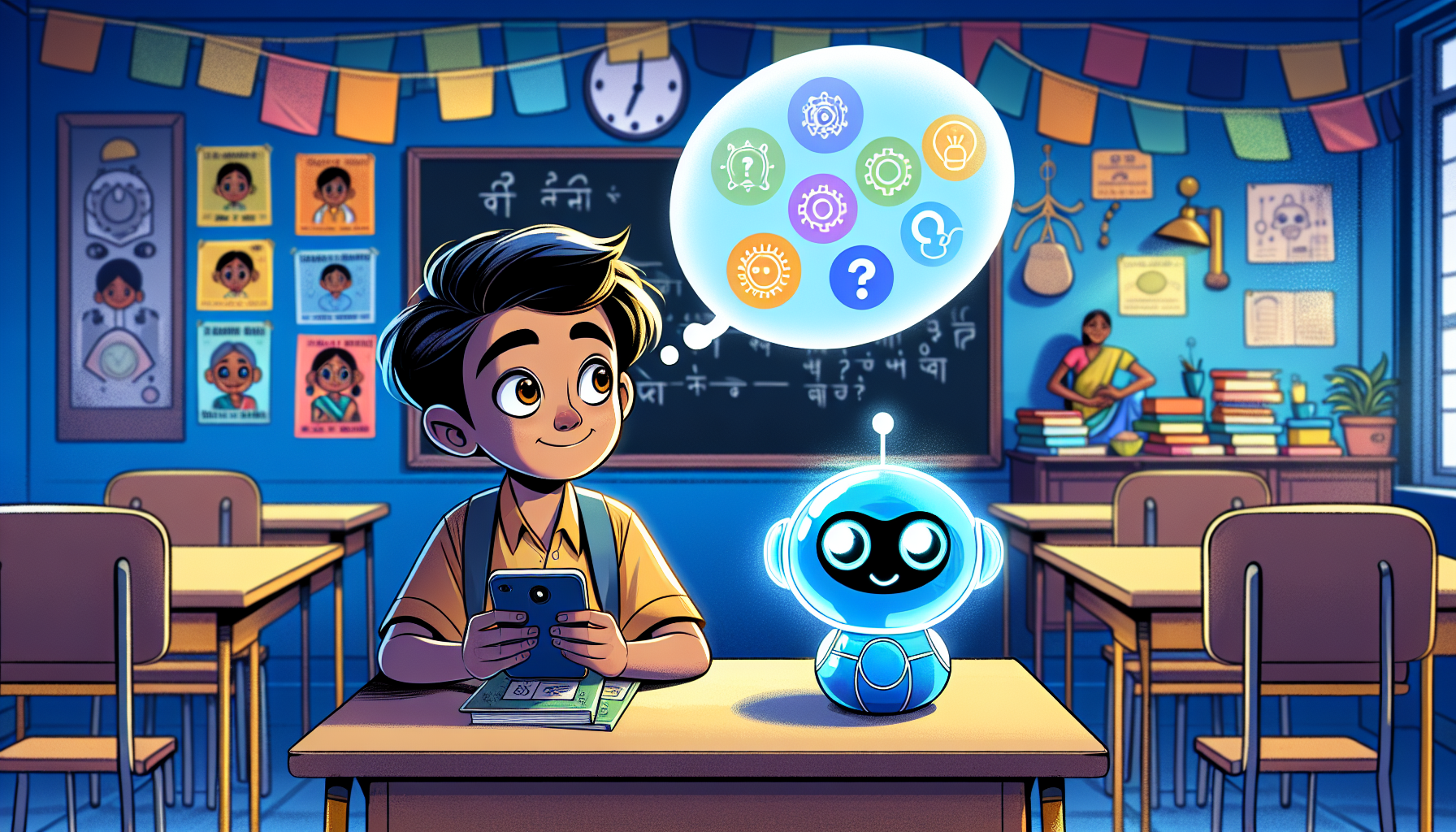 Illustrated scene: curious Indian student discovering AI in everyday life