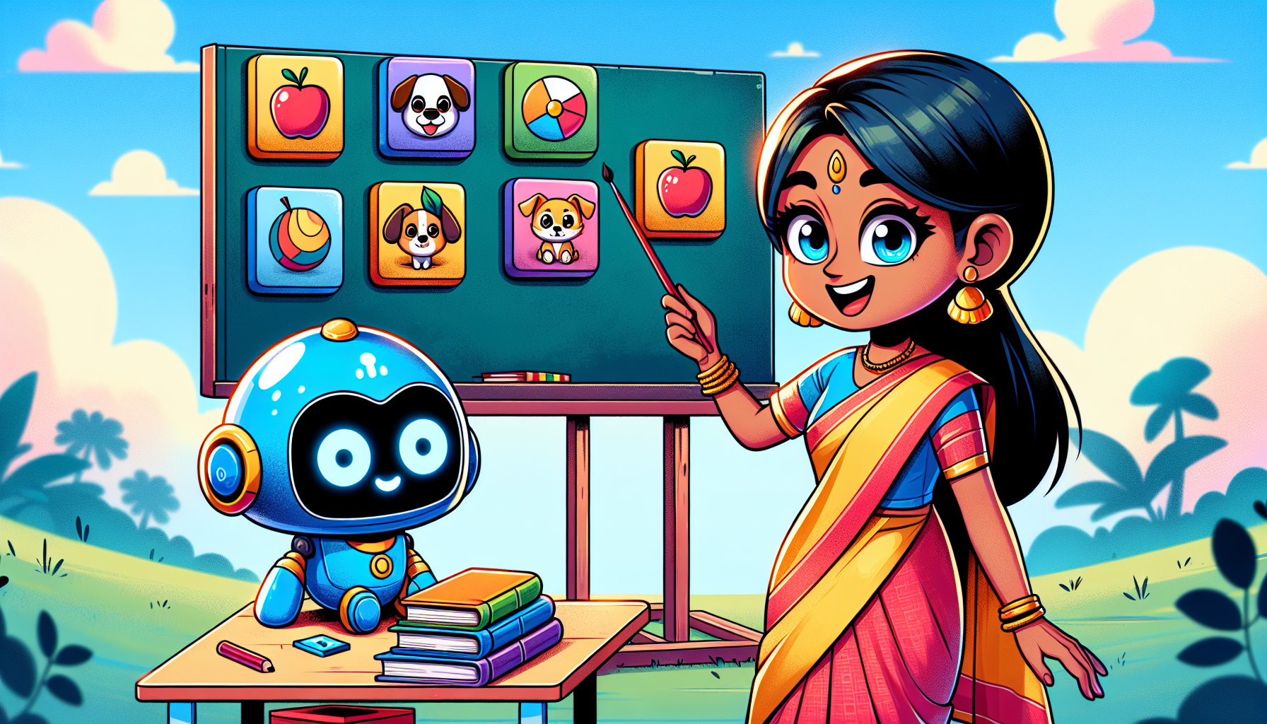 Illustrated scene: Indian teacher with flashcards, small robot learning
