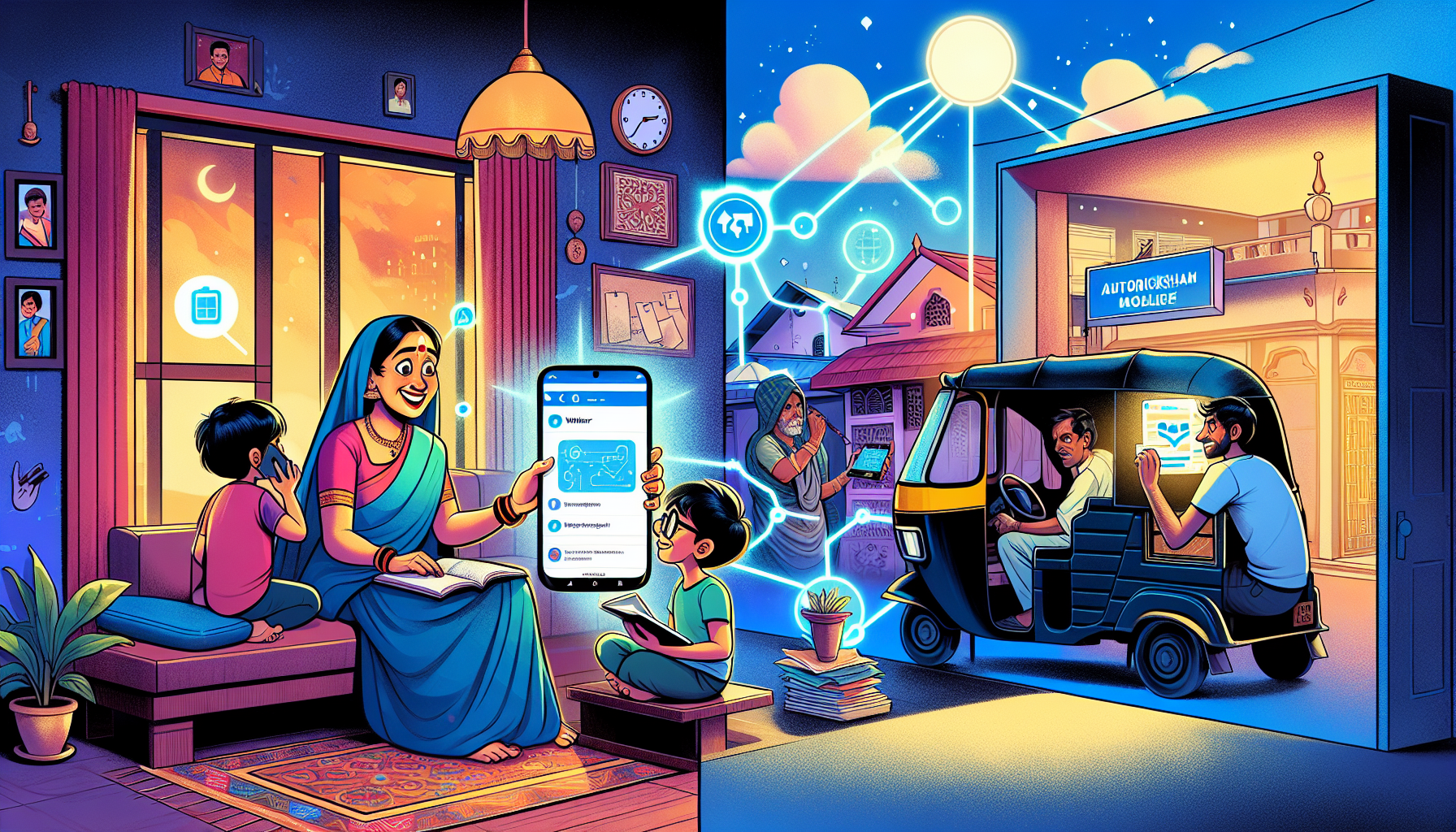 Illustrated scene: AI in Indian daily life — family, autorickshaw, kirana shop