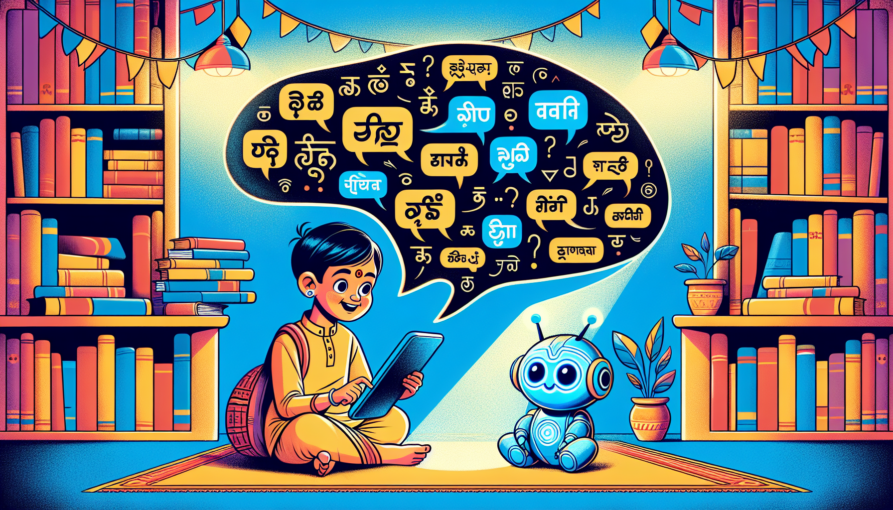 Illustrated scene: Indian child with tablet showing AI translation across Indian languages