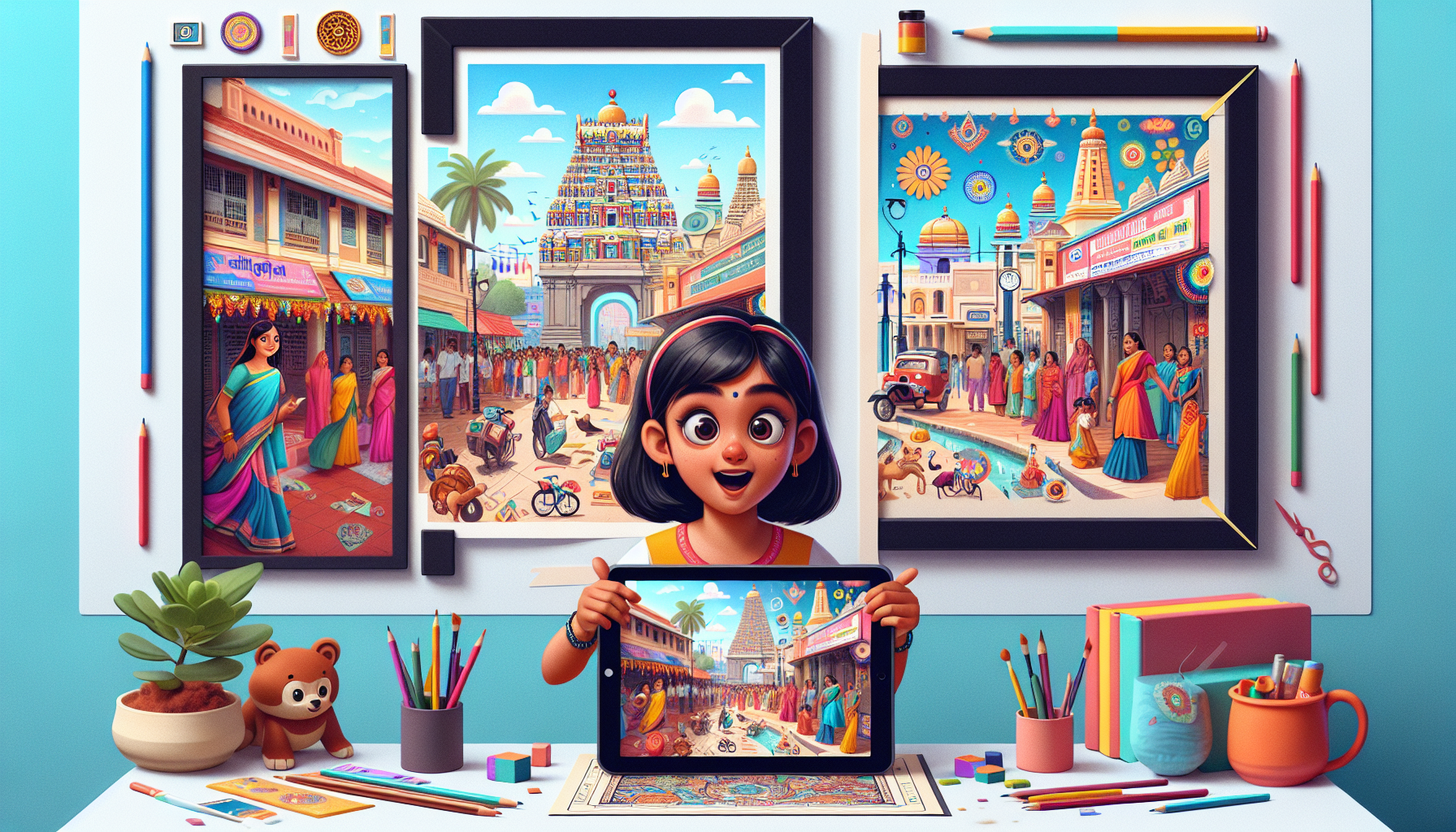 Illustrated scene: Indian girl amazed by AI-generated images on tablet