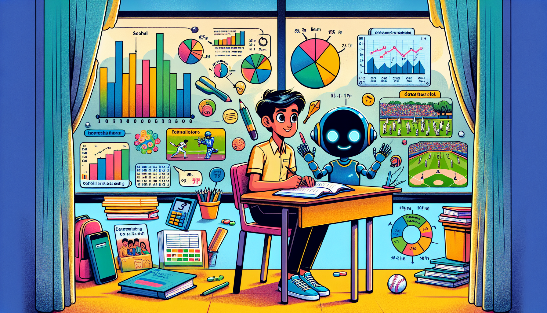 Illustrated scene: Indian student surrounded by colourful data charts and graphs