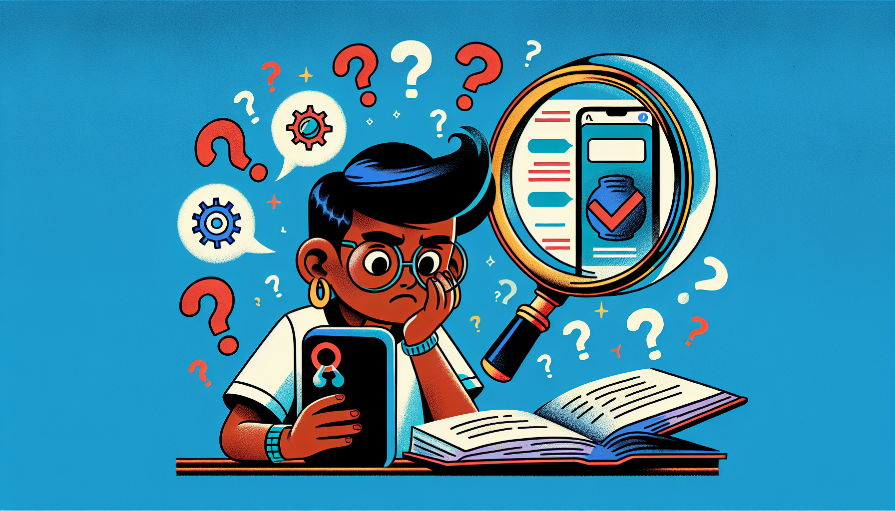 Illustrated scene: Indian child looking doubtfully at wrong AI answer on phone
