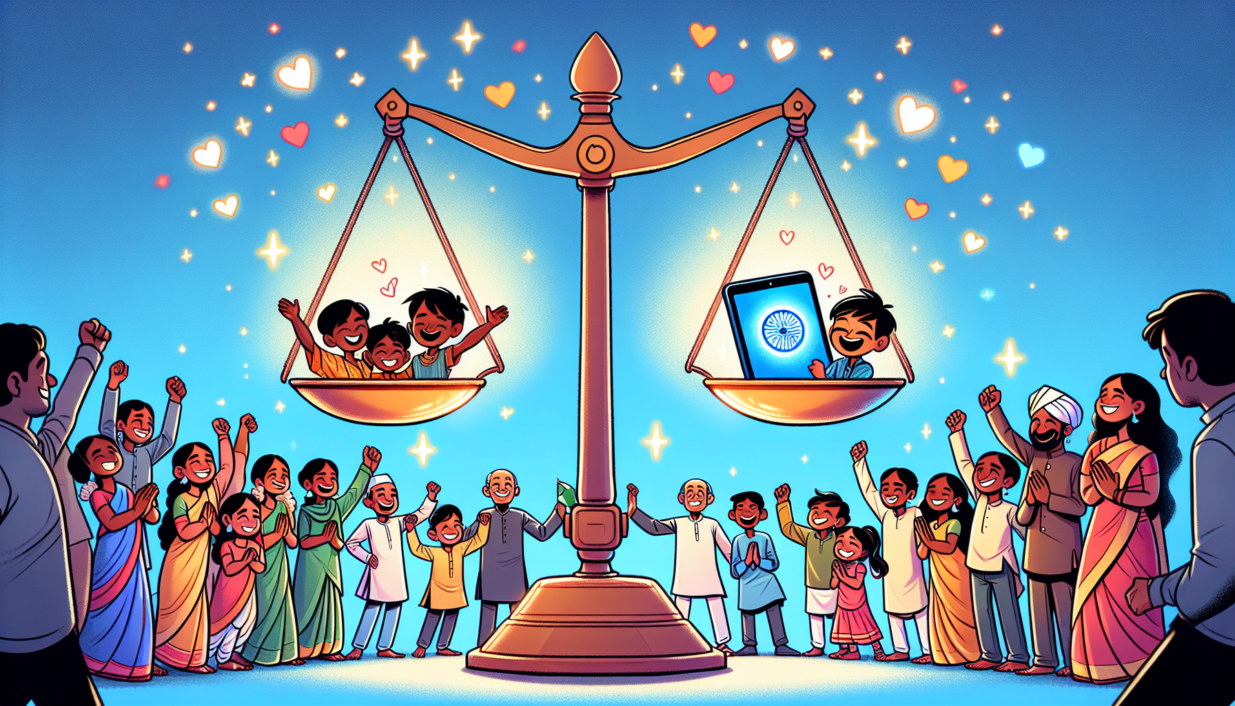Illustrated scene: balance scale with diverse Indian children on one side and AI tablet on the other