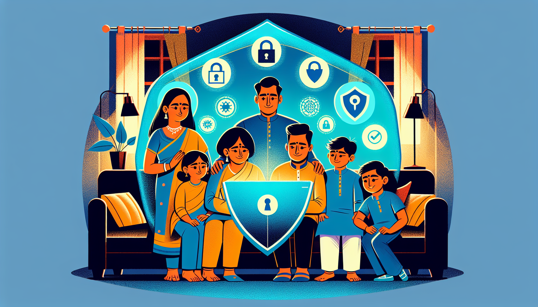 Illustrated scene: Indian family protected by glowing privacy shield around their device