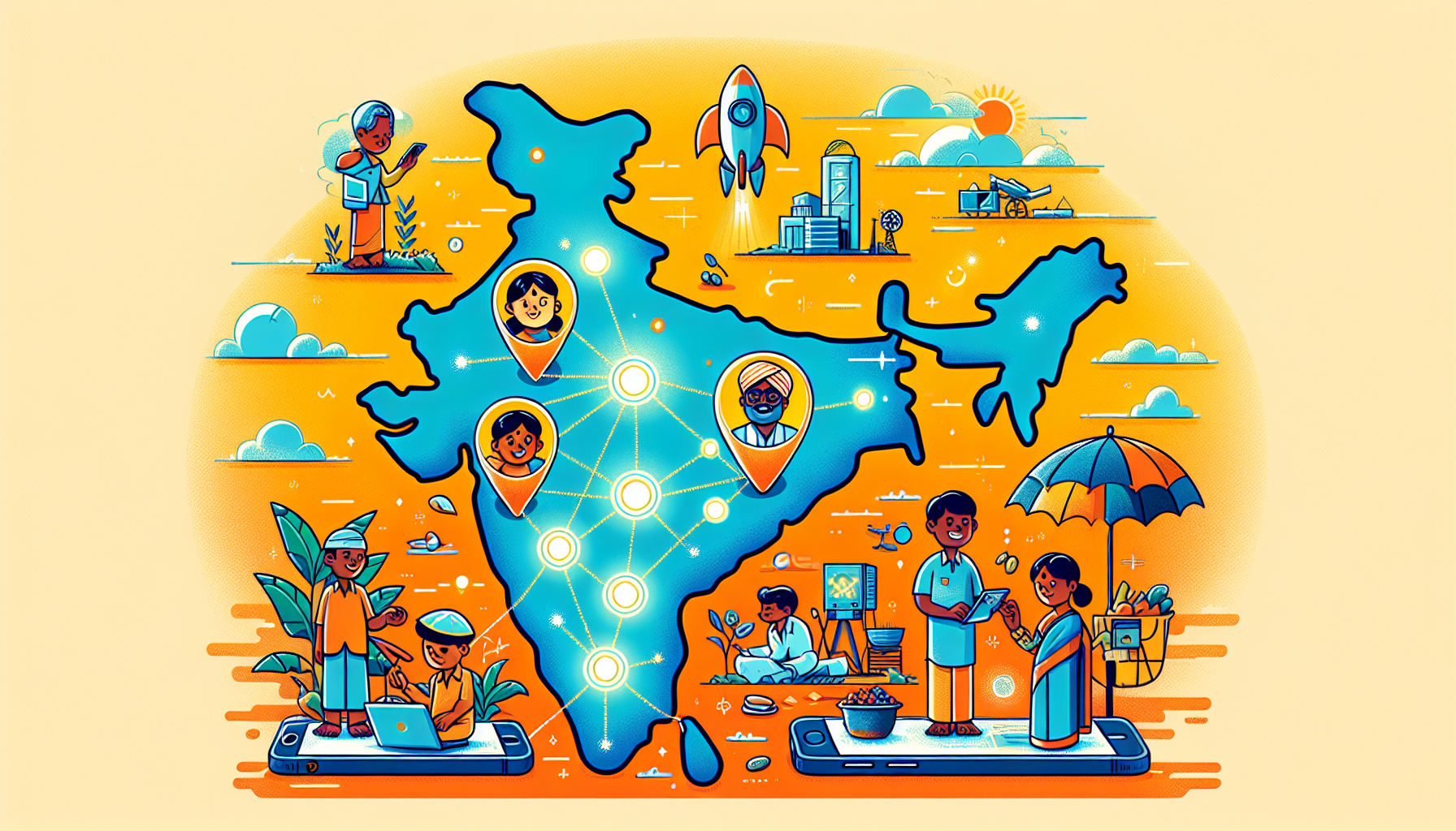 Illustrated cartoon map of India with glowing tech city dots and innovation icons