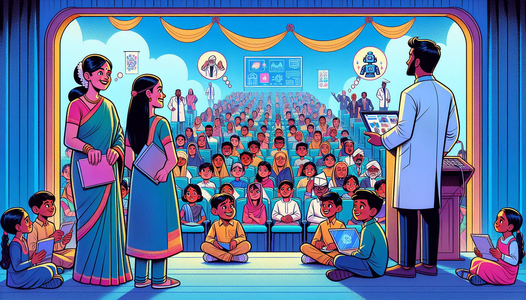 Illustrated scene: Indian school Career Day with children and professionals on stage