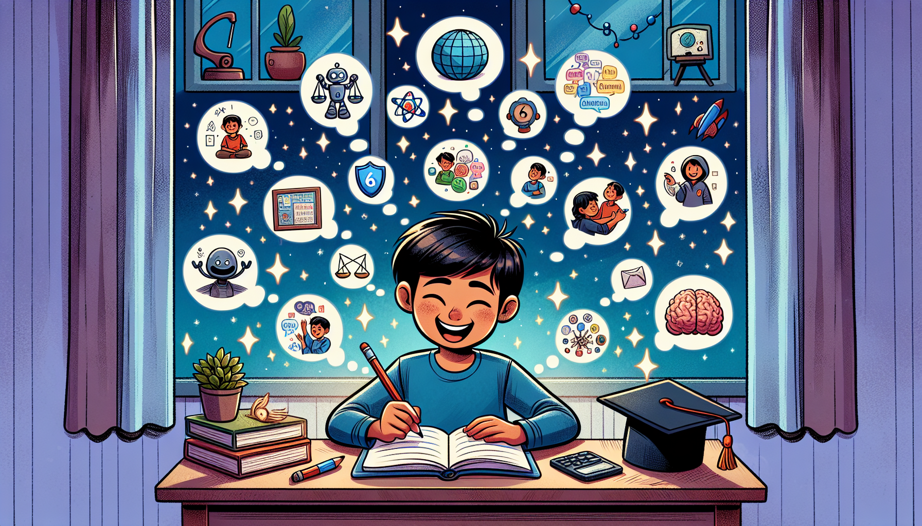 Illustrated scene: Indian boy writing in colourful journal with floating lesson memories and graduation cap