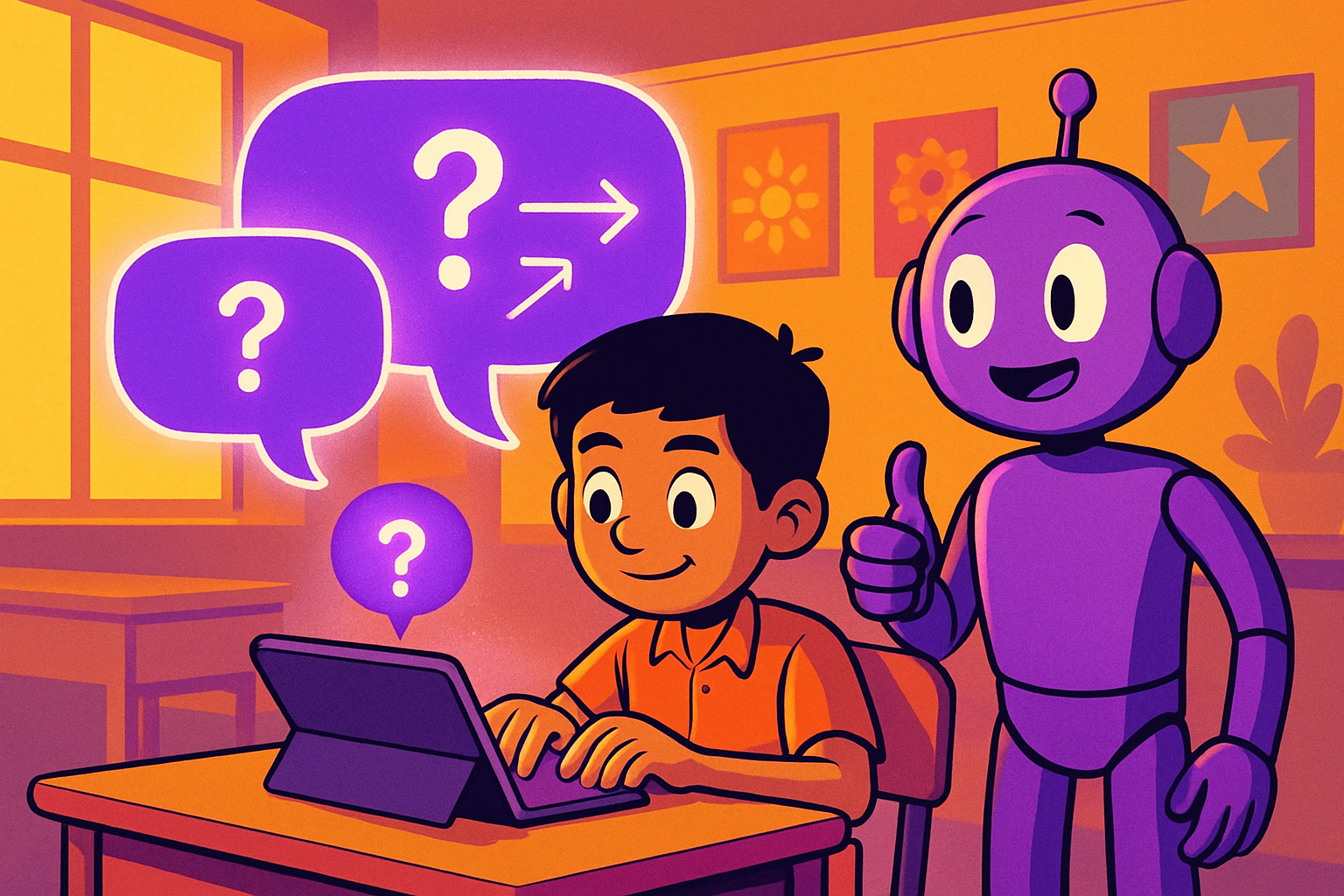 Illustrated scene: Indian student writing strong prompts on tablet, AI chat bubbles floating around