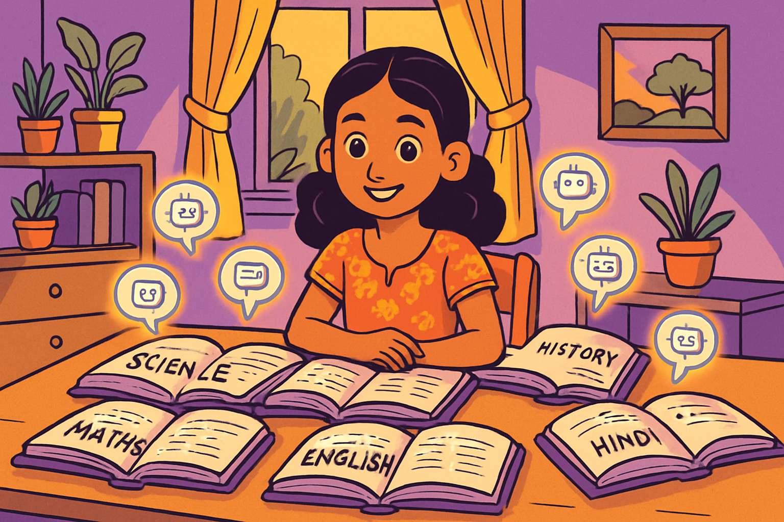 Illustrated scene: Indian student with books for all subjects, AI chat bubbles showing different subject explanations