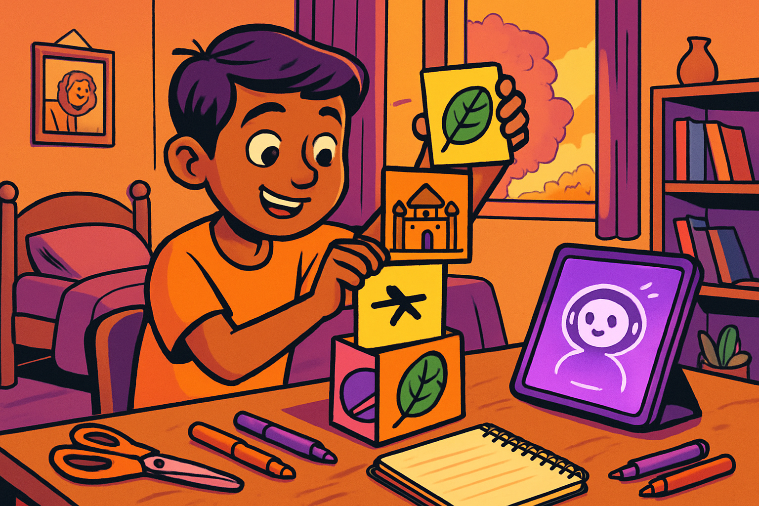 Illustrated scene: Indian student building colourful flashcards at a study desk with a glowing tablet showing AI chat