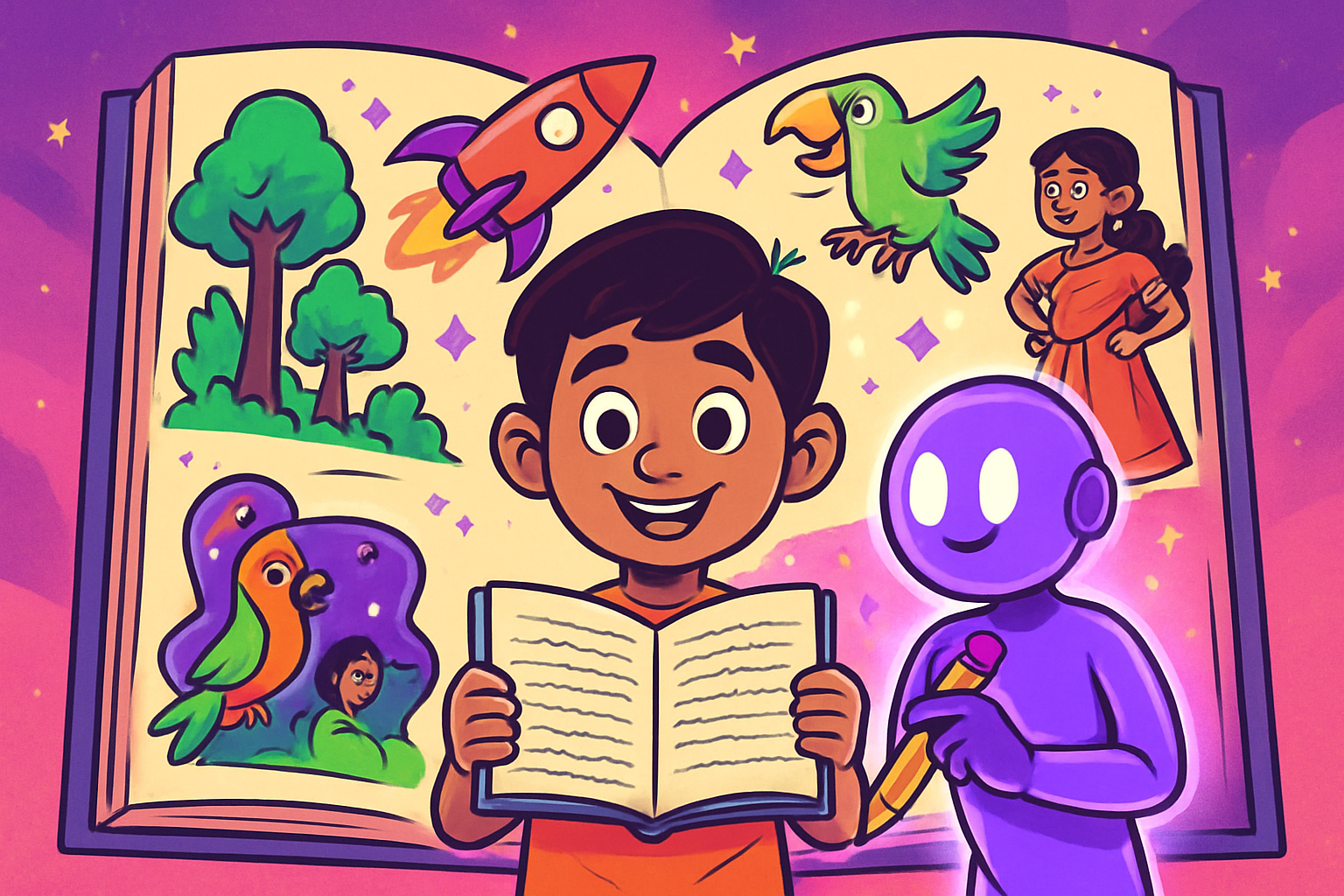 Illustrated scene: Indian student at a desk with an open notebook and a glowing tablet, colourful story ideas floating around as thought bubbles