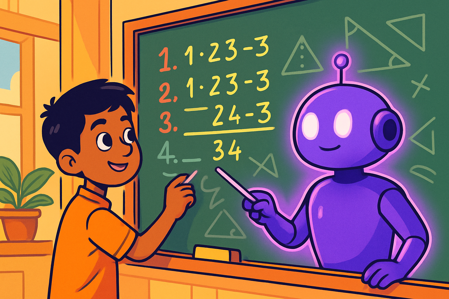 Illustrated scene: Indian boy at a blackboard with maths equations, a glowing AI chat on a tablet beside him showing step-by-step working
