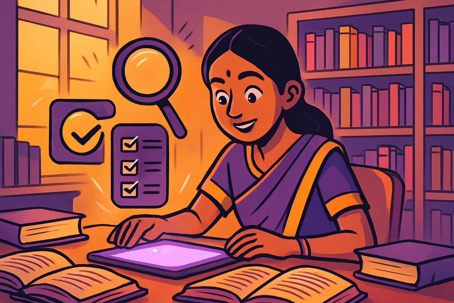 Illustrated scene: Indian student at a library desk surrounded by books and a glowing tablet, taking notes with a pencil