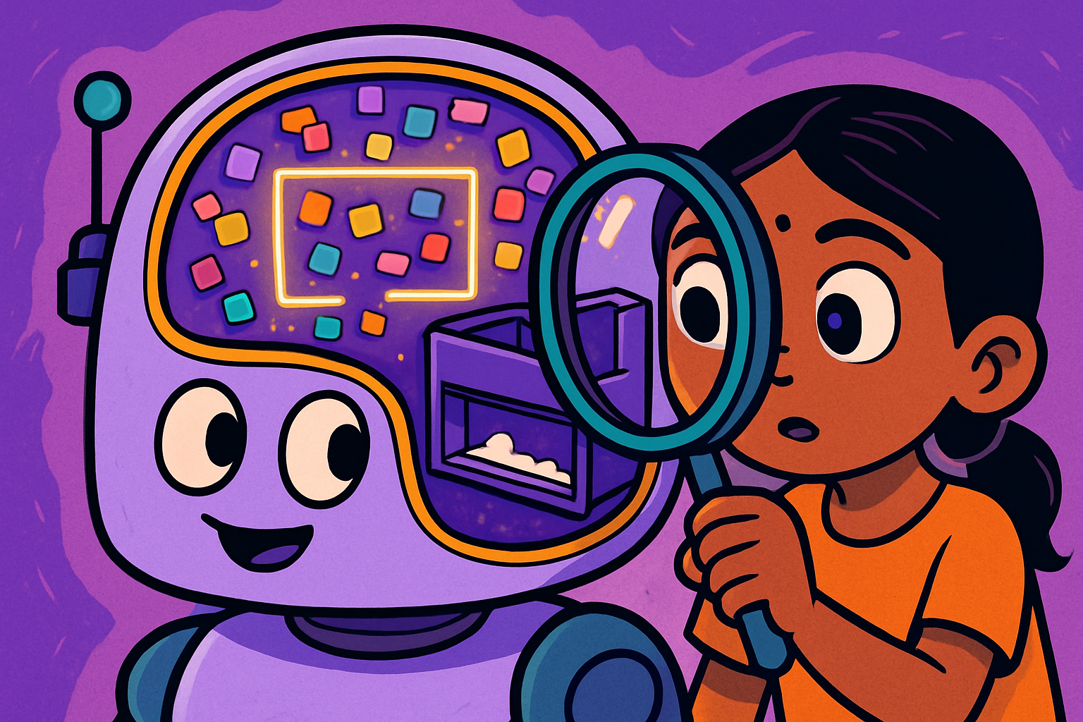 Illustrated scene: Indian student looking at a tablet with a puzzled expression, question marks floating around, a magnifying glass nearby