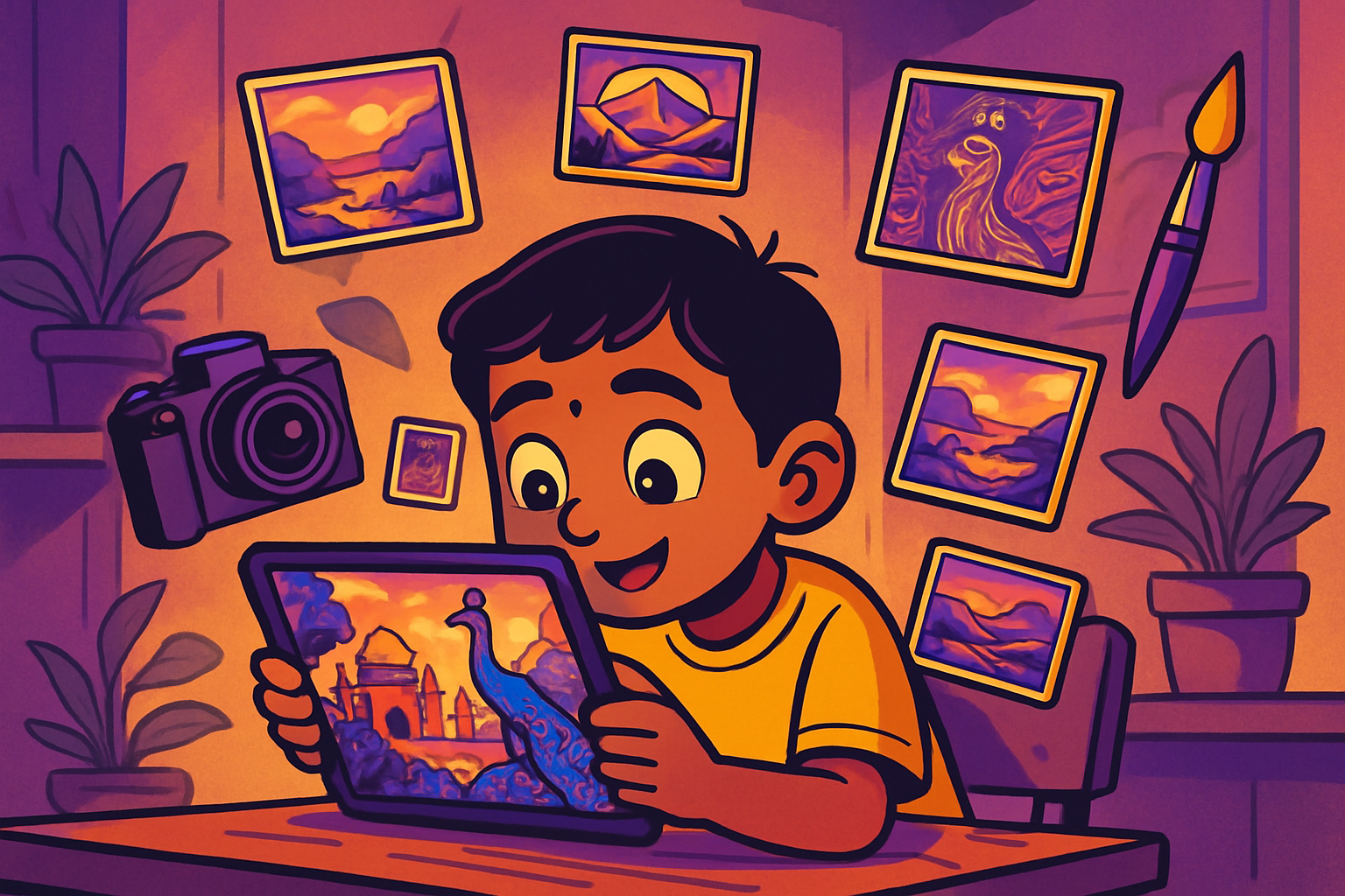 Illustrated scene: Indian student at a desk with a colourful AI-generated artwork on screen, surrounded by paint brushes and sketchbooks