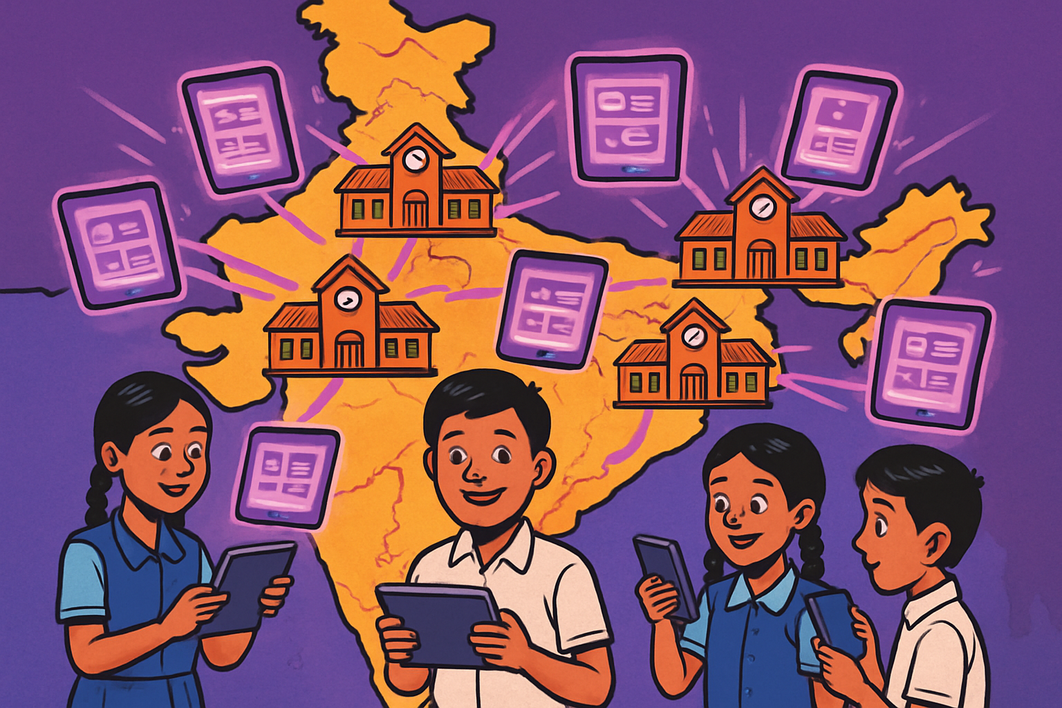 Illustrated scene: Indian students in a classroom with a teacher pointing to a digital screen showing an AI-powered learning app, colourful and modern