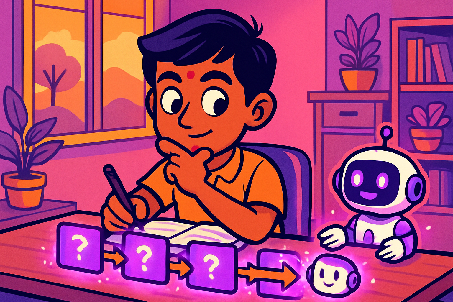Illustrated scene: Indian student at a desk with a magnifying glass examining text on a screen, surrounded by question marks and checkmarks — representing critical thinking