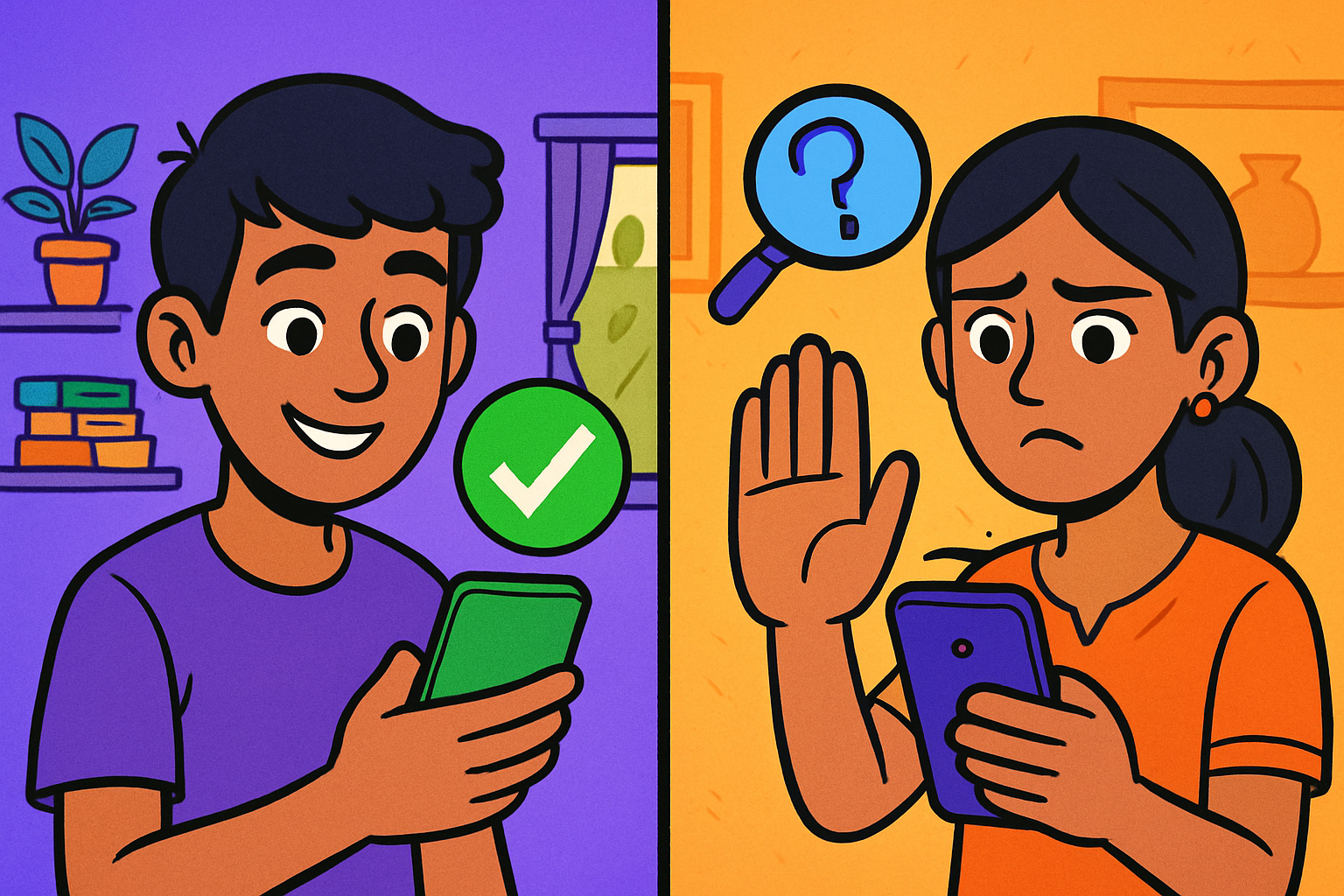 Illustrated scene: Indian teenager at a smartphone with a shield symbol and privacy icons — representing digital safety