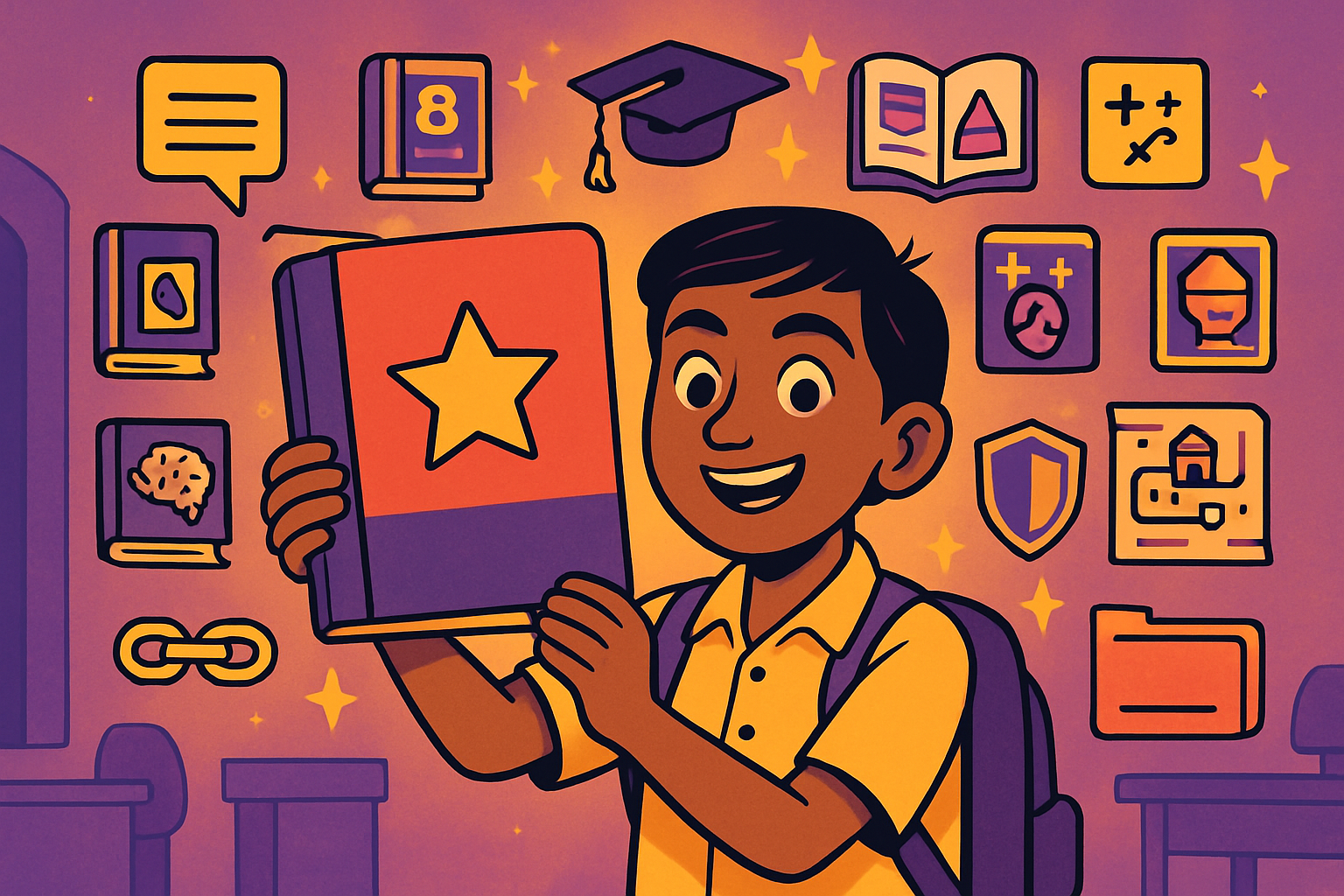 Illustrated scene: Indian student confidently presenting a portfolio folder to parents and a teacher, with AI skill badges floating around them