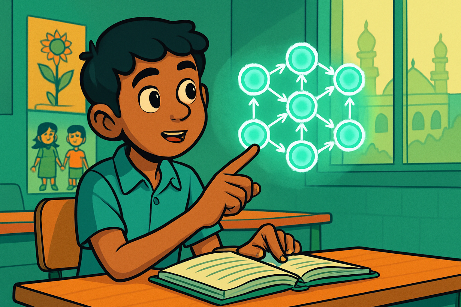Illustrated scene: Indian student age 13 looking into a glowing AI brain diagram with layers labelled AI, ML, DL — teal colour theme