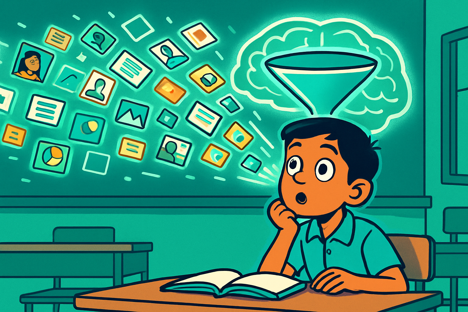Illustrated scene: Indian student sorting colourful data cards into neat and messy piles, representing clean vs messy data