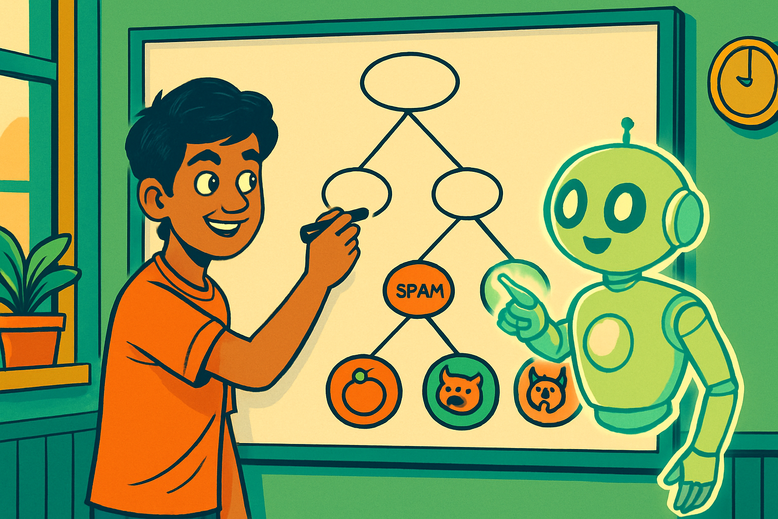 Illustrated scene: Indian student sorting cards into two bins labelled 'pass' and 'fail', representing AI classification