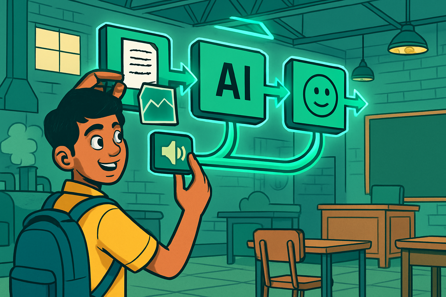 Illustrated scene: Indian student connecting colourful prompt cards in a chain, representing a multi-step AI workflow