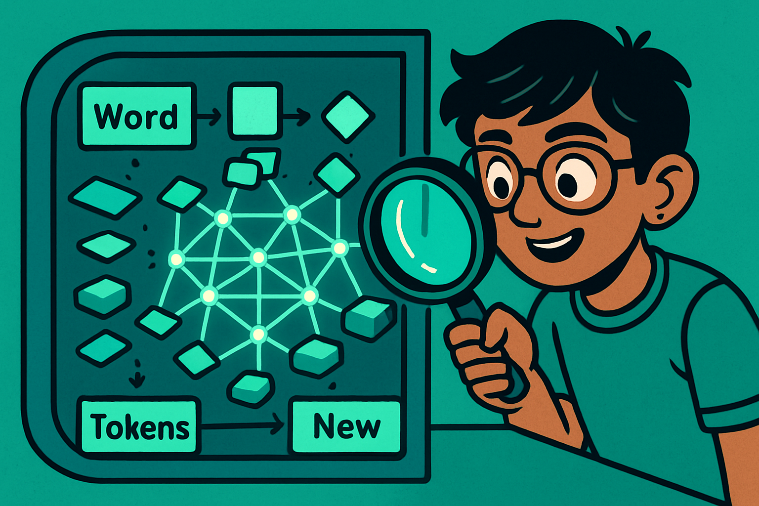 Illustrated scene: Indian student surrounded by colourful word tokens floating in the air, with a probability dial, representing language model prediction