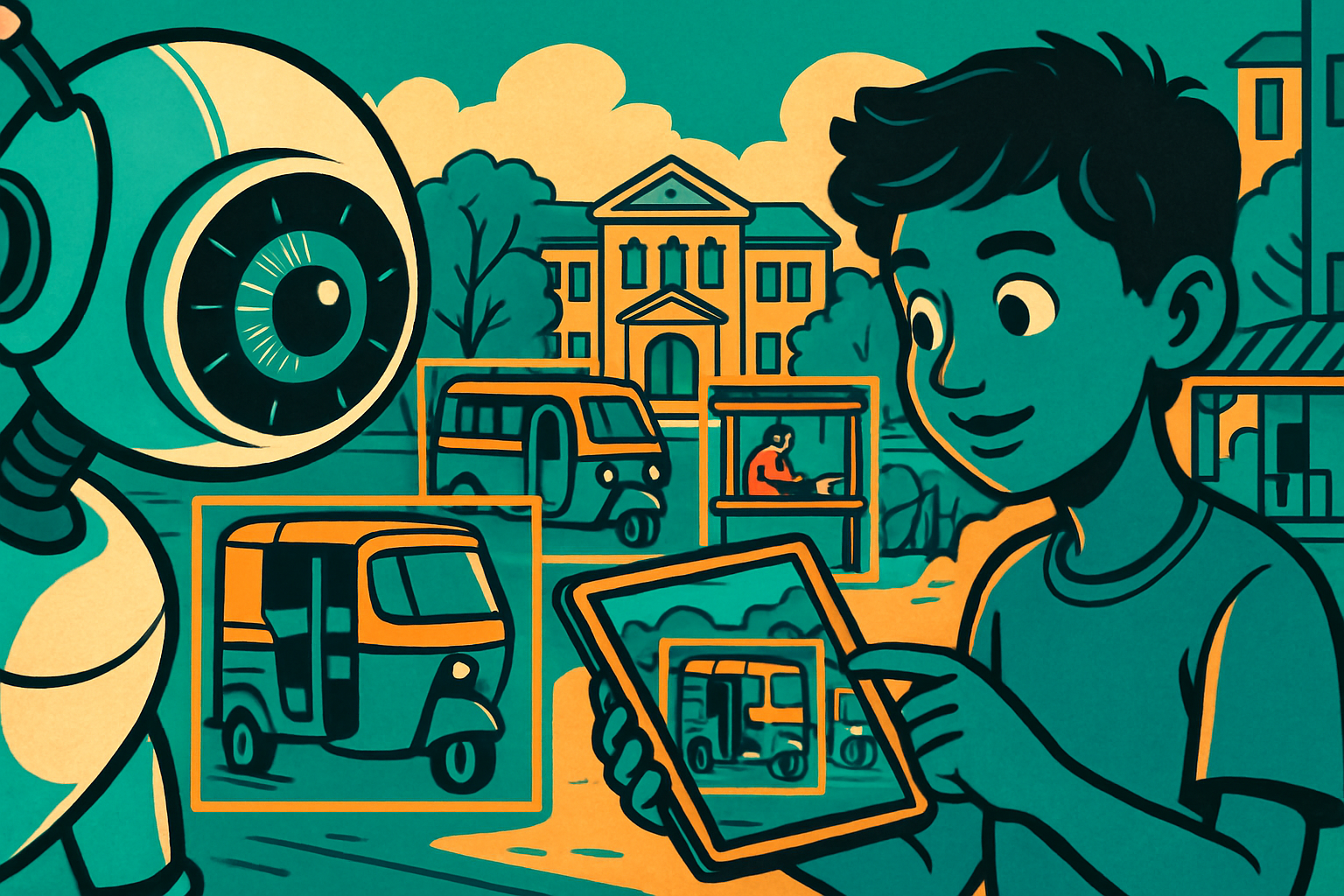 Illustrated scene: Indian student holding a smartphone pointed at a plant leaf, with colourful grid overlays representing pixel detection and AI vision