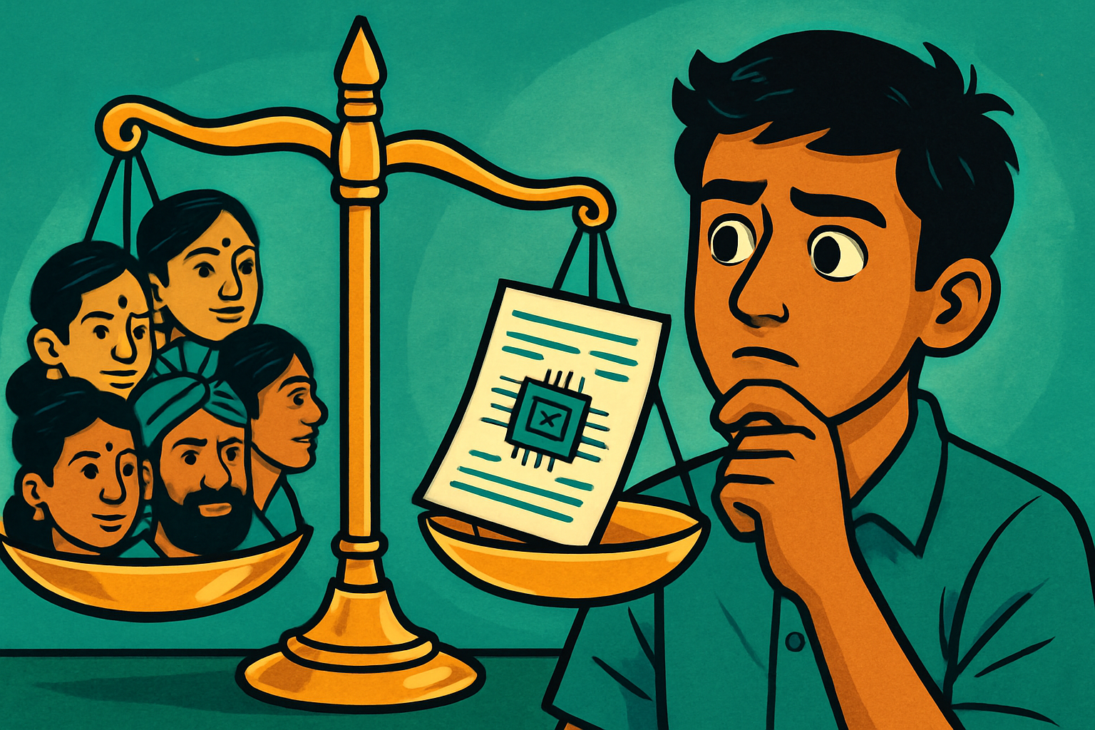 Illustrated scene: Indian student holding a fairness scale, with AI system outputs on one side and diverse group of people on the other