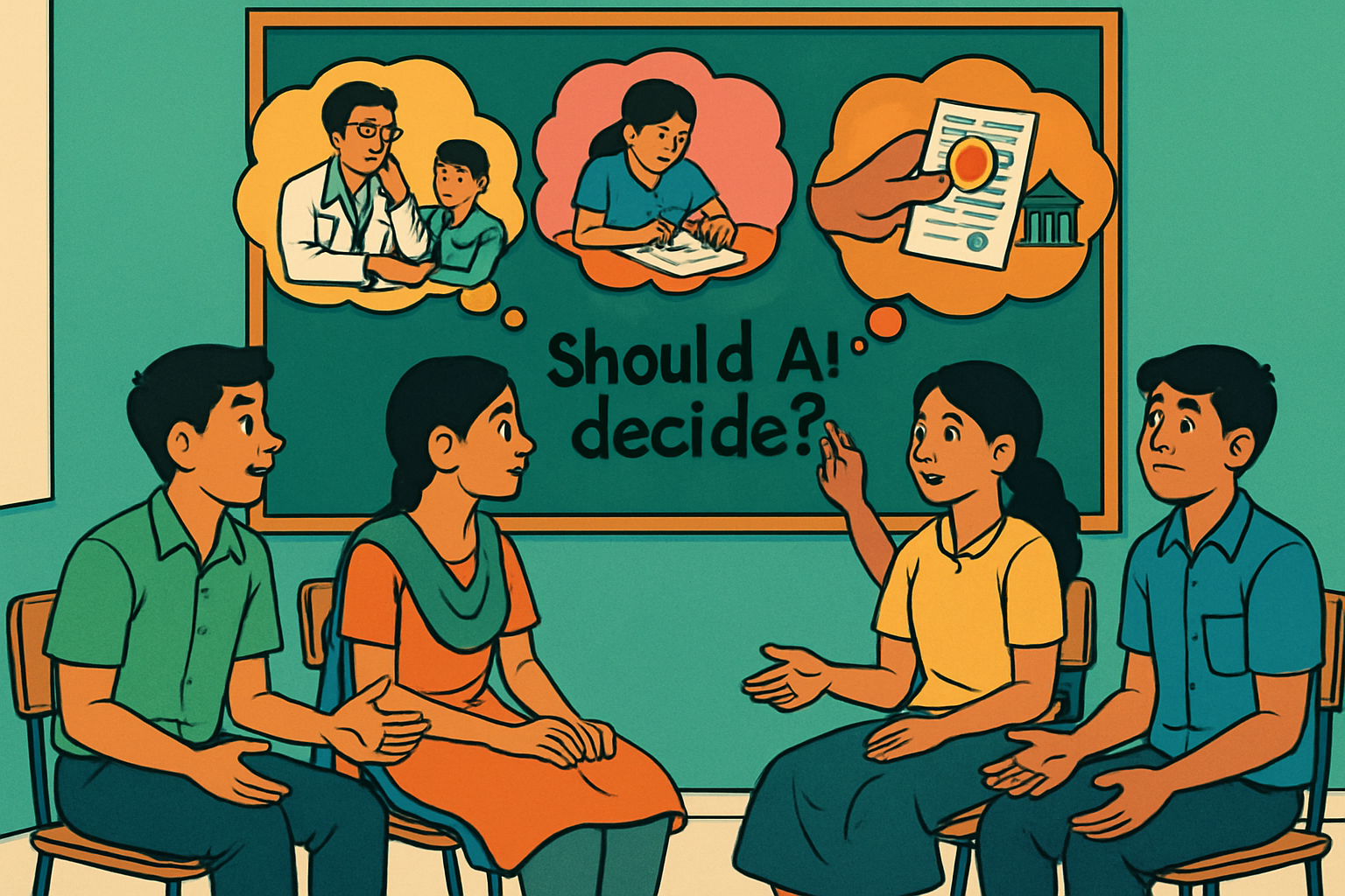 Illustrated scene: diverse group of Indian students in a classroom debate, with AI icons and ethical question marks around them