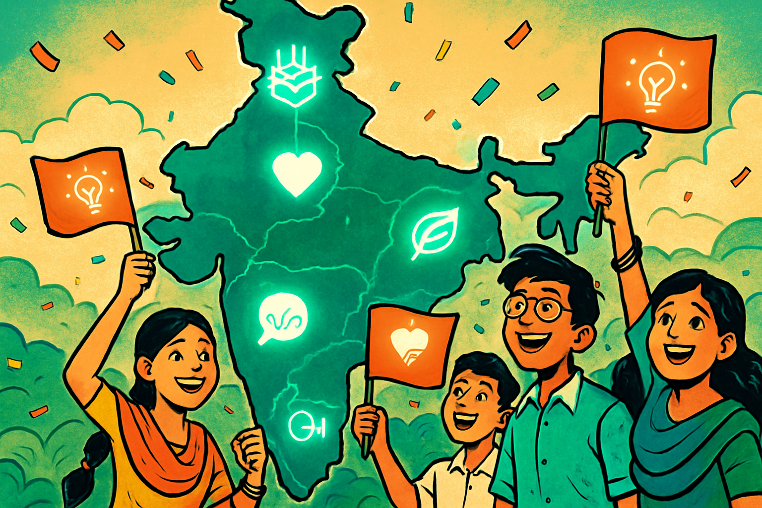 Illustrated scene: Map of India with icons for each AI sector — stethoscope, wheat, language letters, graduation cap, and satellite