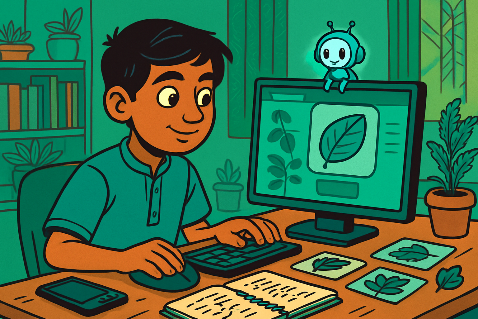 Illustrated scene: Indian student at a desk with laptop, notebook, and a project plan on the wall — building an AI-powered tool