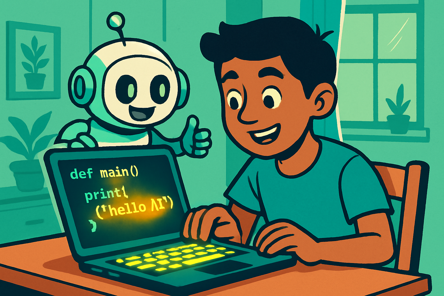 Illustrated scene: Indian student at a laptop with Python code on screen, a Colab notebook open, looking excited at their first output