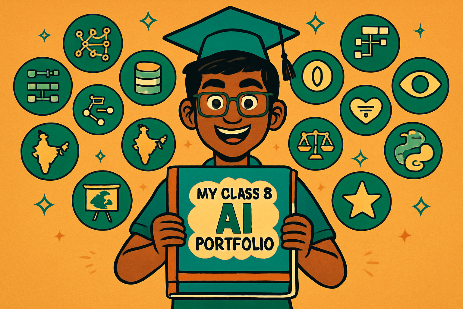 Illustrated scene: Indian student proudly holding a portfolio folder, with a completion certificate on a table, smiling at the end of a learning journey